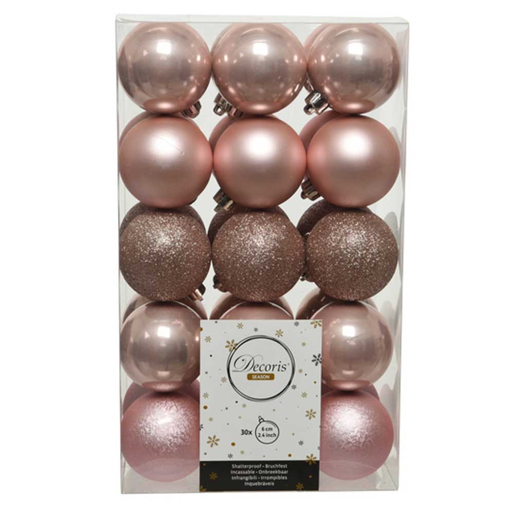 Blush Pink Shatterproof Baubles - 6 cm - box of 30 - Christmas.uk
