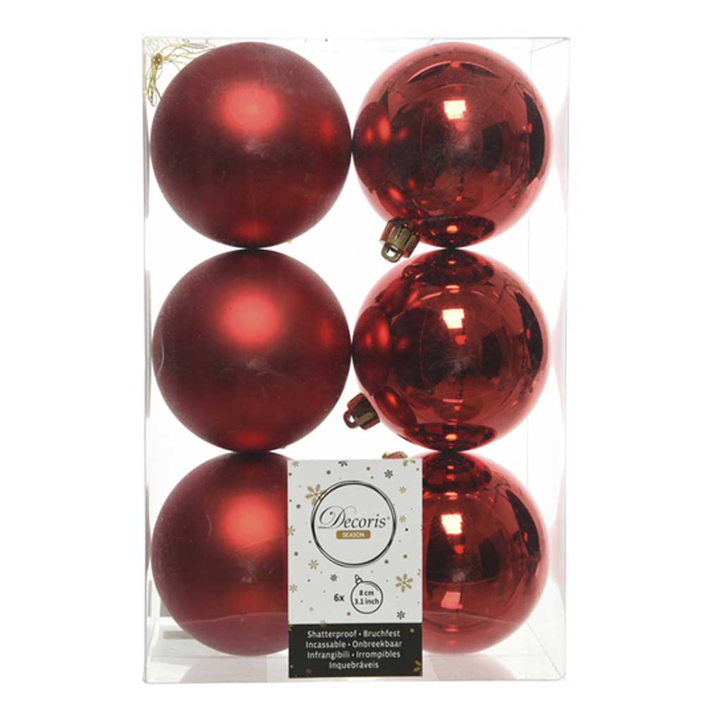 Christmas Red Shatterproof Baubles - 8 cm - box of 6 - Christmas.uk