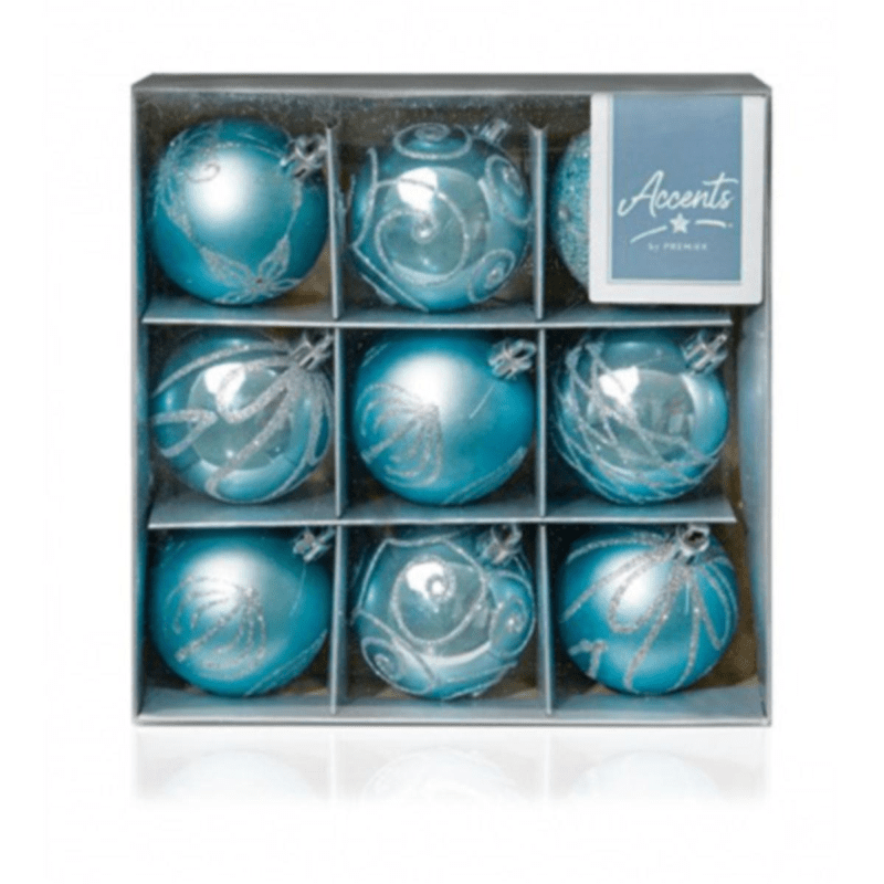 Ice Blue Shatterproof Baubles - set of 9, multi decorated - Christmas.uk