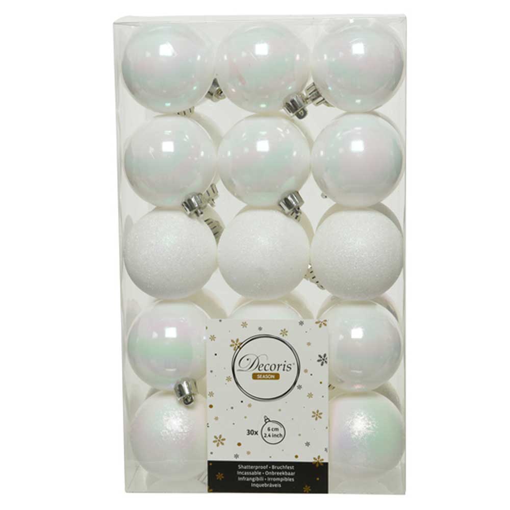 Iris White Shatterproof Baubles - 6 cm - box of 30 - Christmas.uk