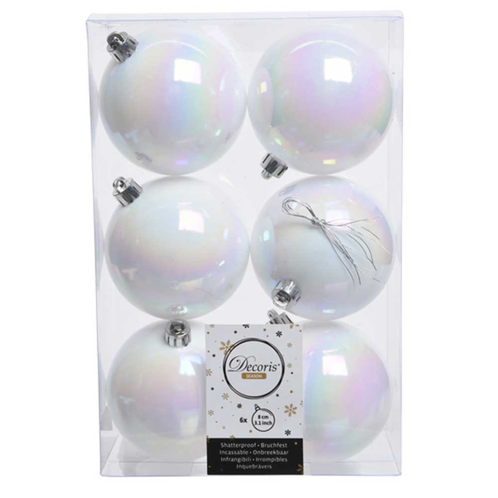 Iris White Shatterproof Baubles - 8 cm - box of 6 - Christmas.uk