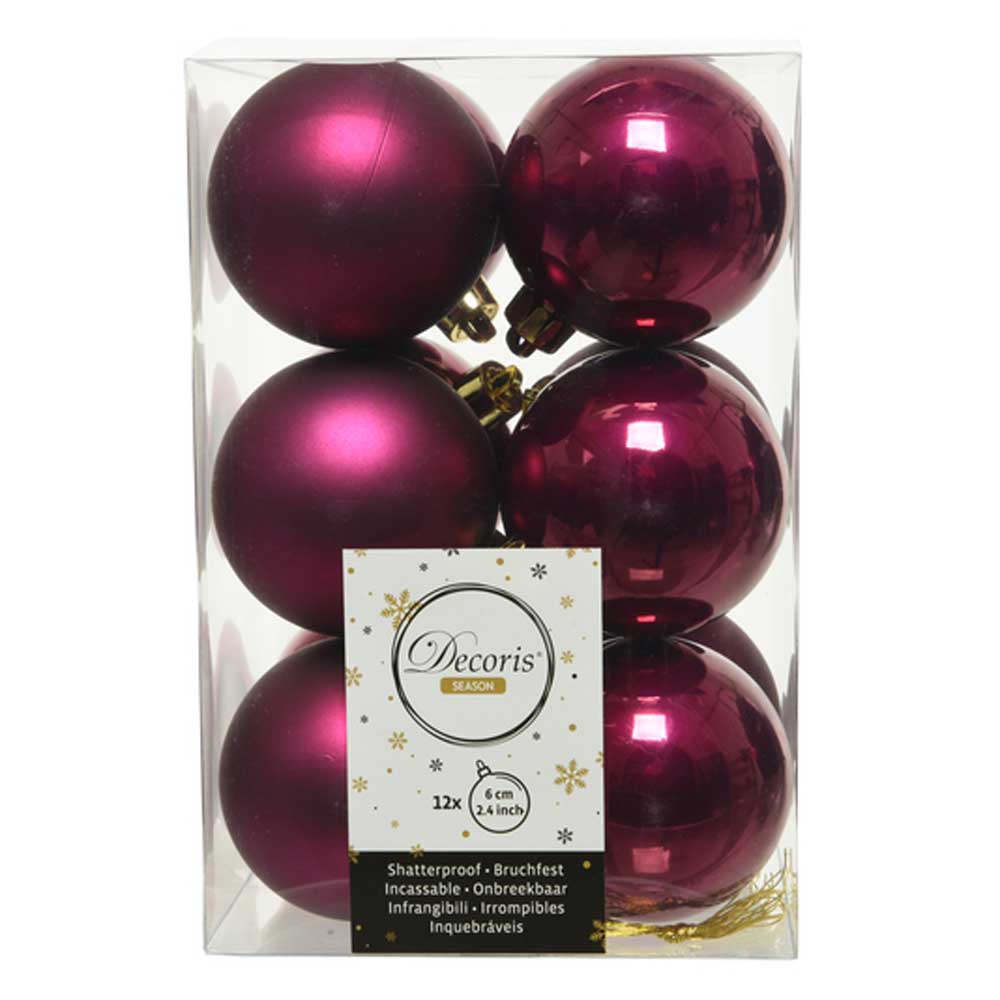 Magnolia Violet Shatterproof Baubles - 6 cm - box of 12 - Christmas.uk