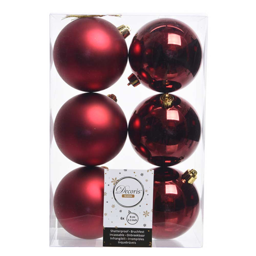 Oxblood Red Shatterproof Baubles - 8 cm - box of 6 - Christmas.uk