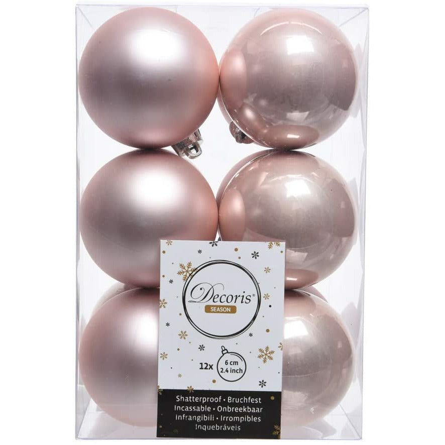 Pearl Pink Matt & Shiny Baubles - 6 cm, shatterproof, set of 12 - Christmas.uk