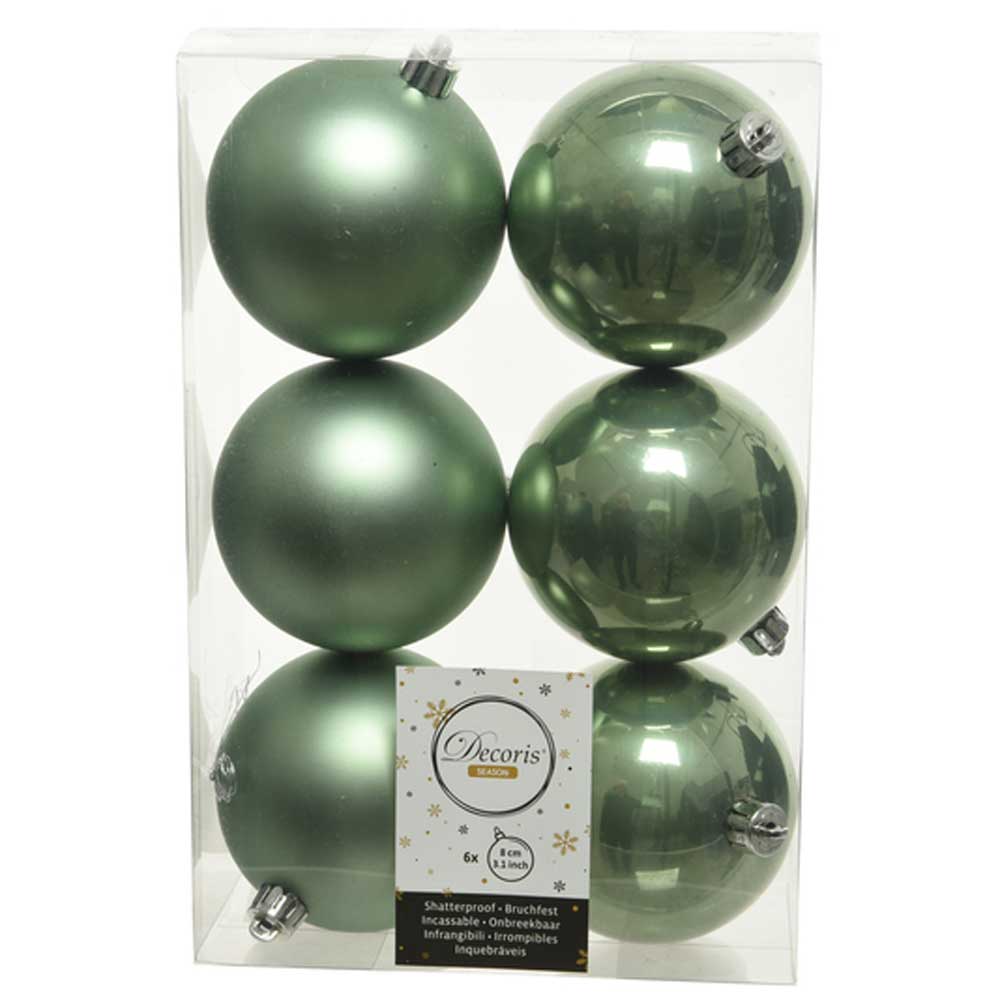 Sage Green Shatterproof Baubles - 8 cm - box of 6 - Christmas.uk