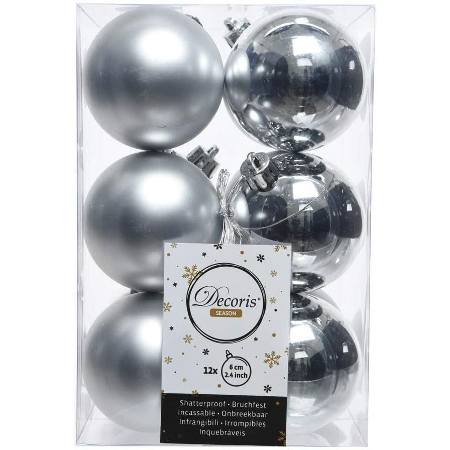 Silver Matt & Shiny Baubles - 6 cm, shatterproof, set of 12 - Christmas.uk