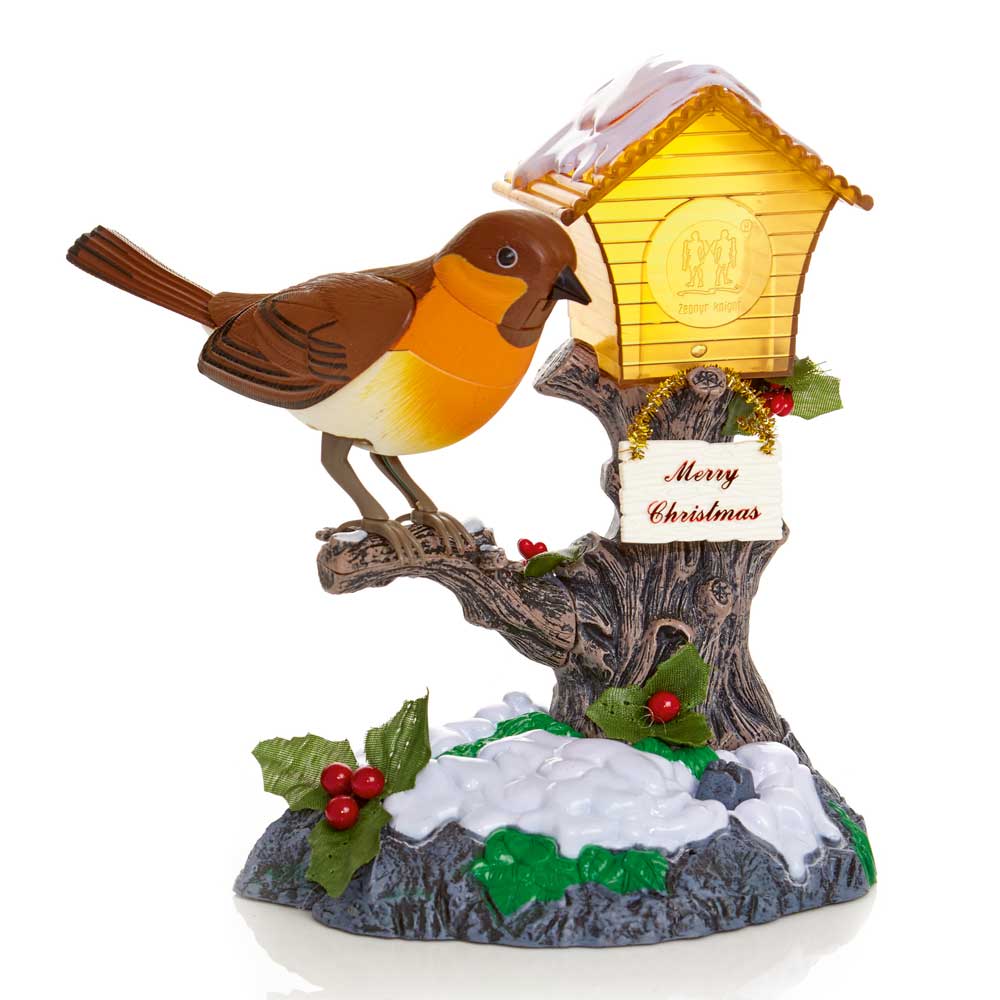 Singing Animated Robin Bird on Bird House - Christmas.uk