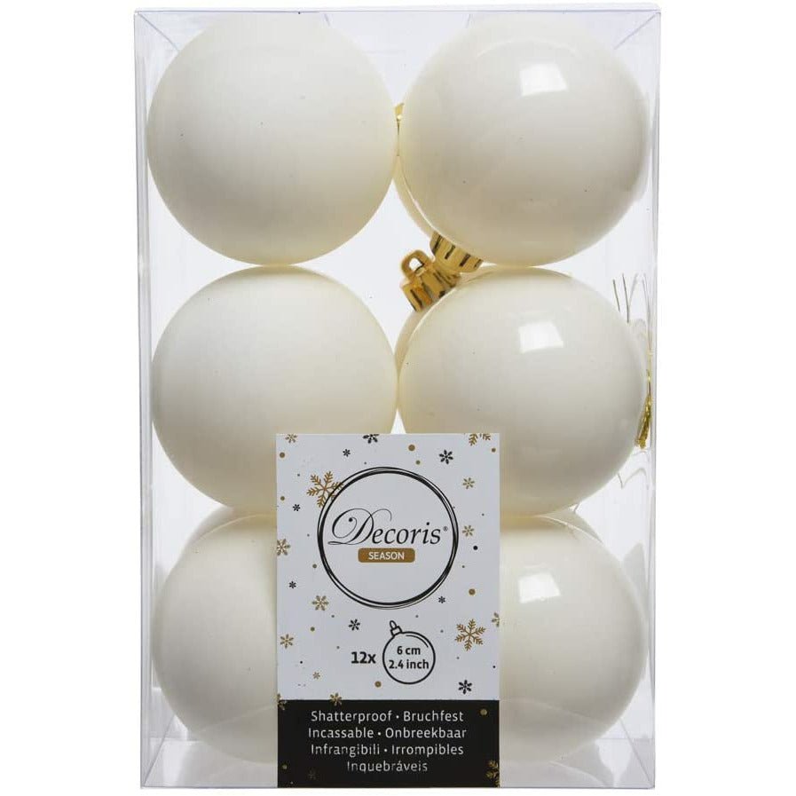 Wool White Matt & Shiny Baubles - 6 cm, shatterproof, set of 12 - Christmas.uk