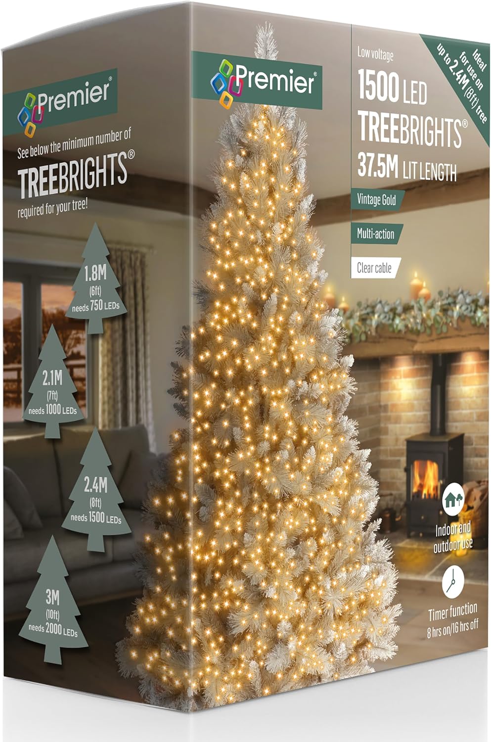 1500 Multi Action Clear Cable TreeBrights with Vintage Gold LED and Timer
