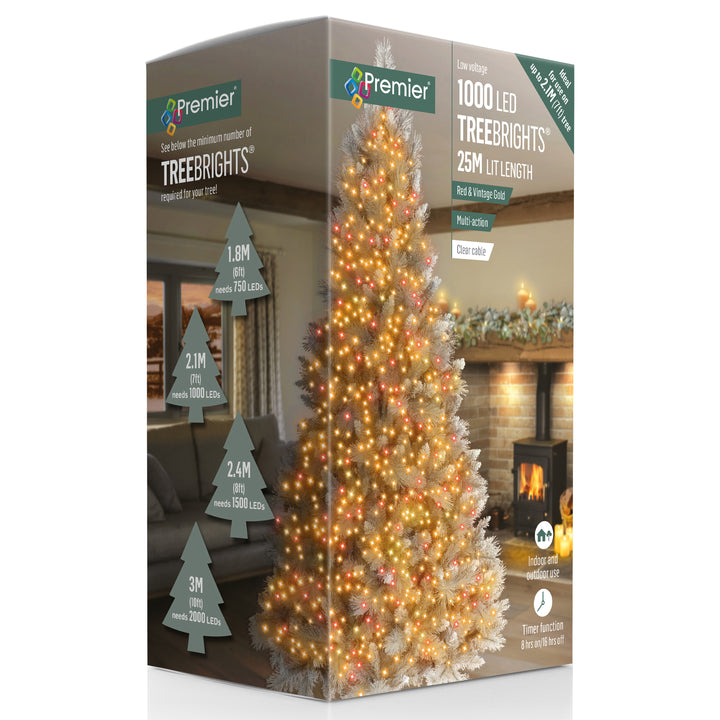 1000 Tree Brights - Clear Cable - Red Vintage Gold