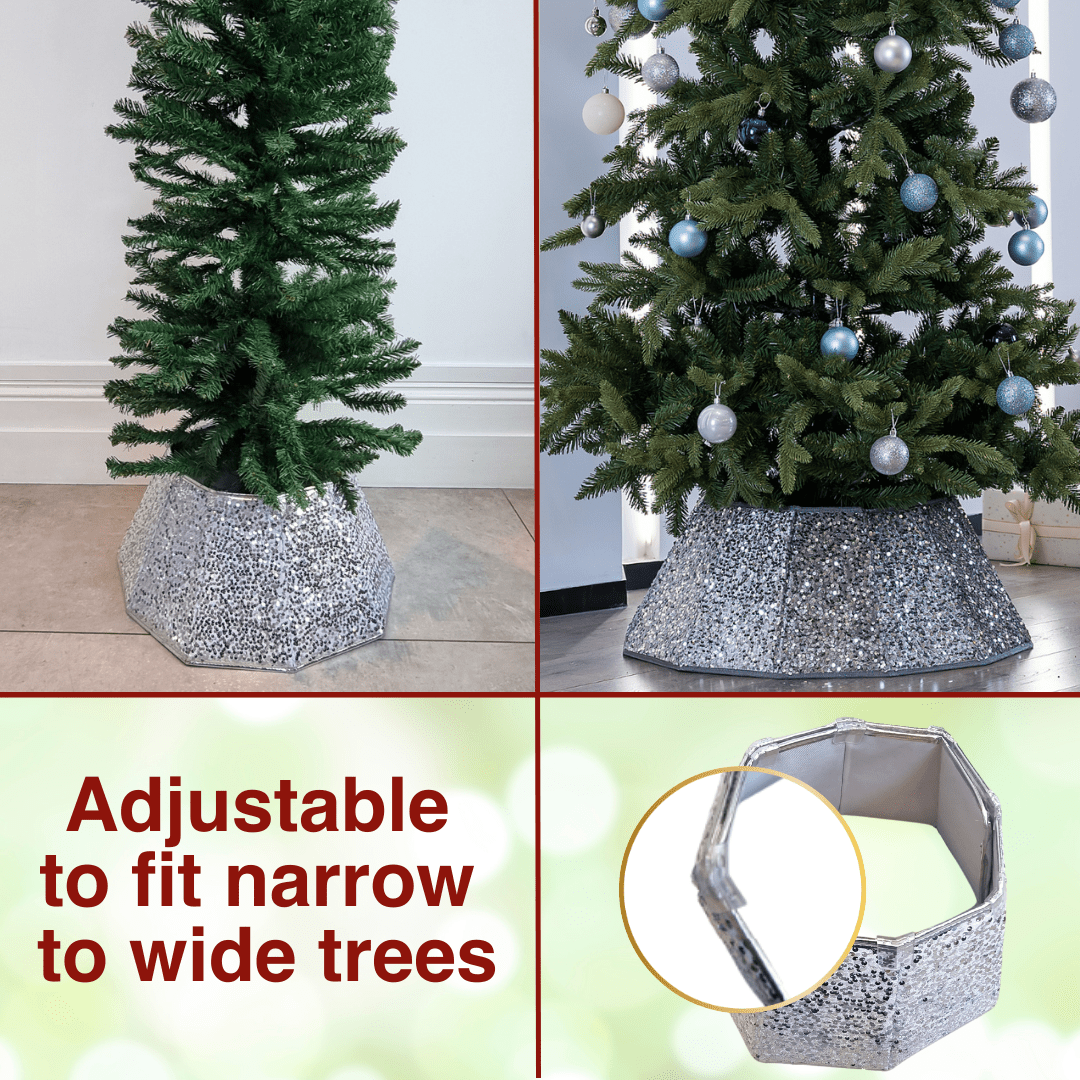 DoreenBow Christmas Silver Tree Collar 33 Inches Sequin Xmas Tree Ring Glitter Christmas Silver Tree Skirt Christmas Tree Box Base Stand Cover For Artificial Christmas Trees Decoration, Gift Package