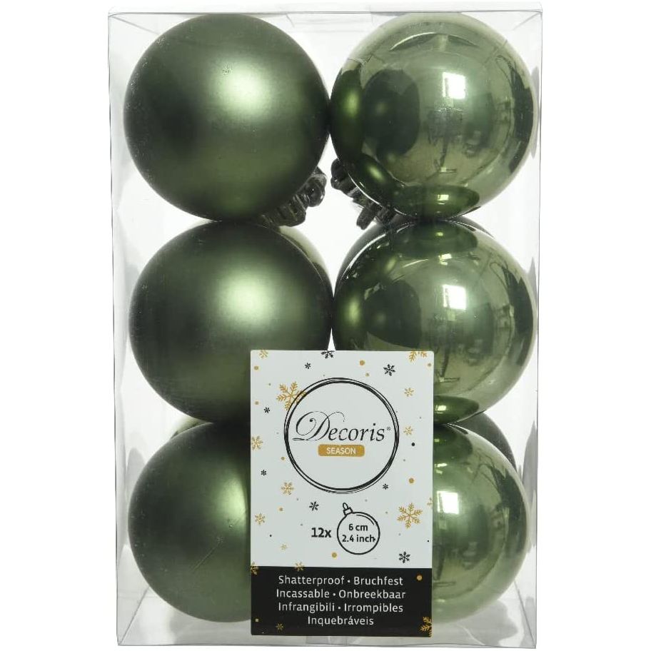 12 x 6cm Moss Green Christmas Tree Baubles - Christmas.uk