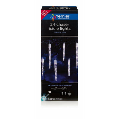24 White Icicle Chaser Lights with 72 LEDs - Clear Cable - Christmas.uk