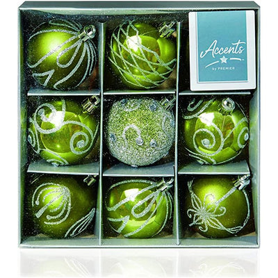 9 x 60mm Green Decorated Baubles - Christmas.uk