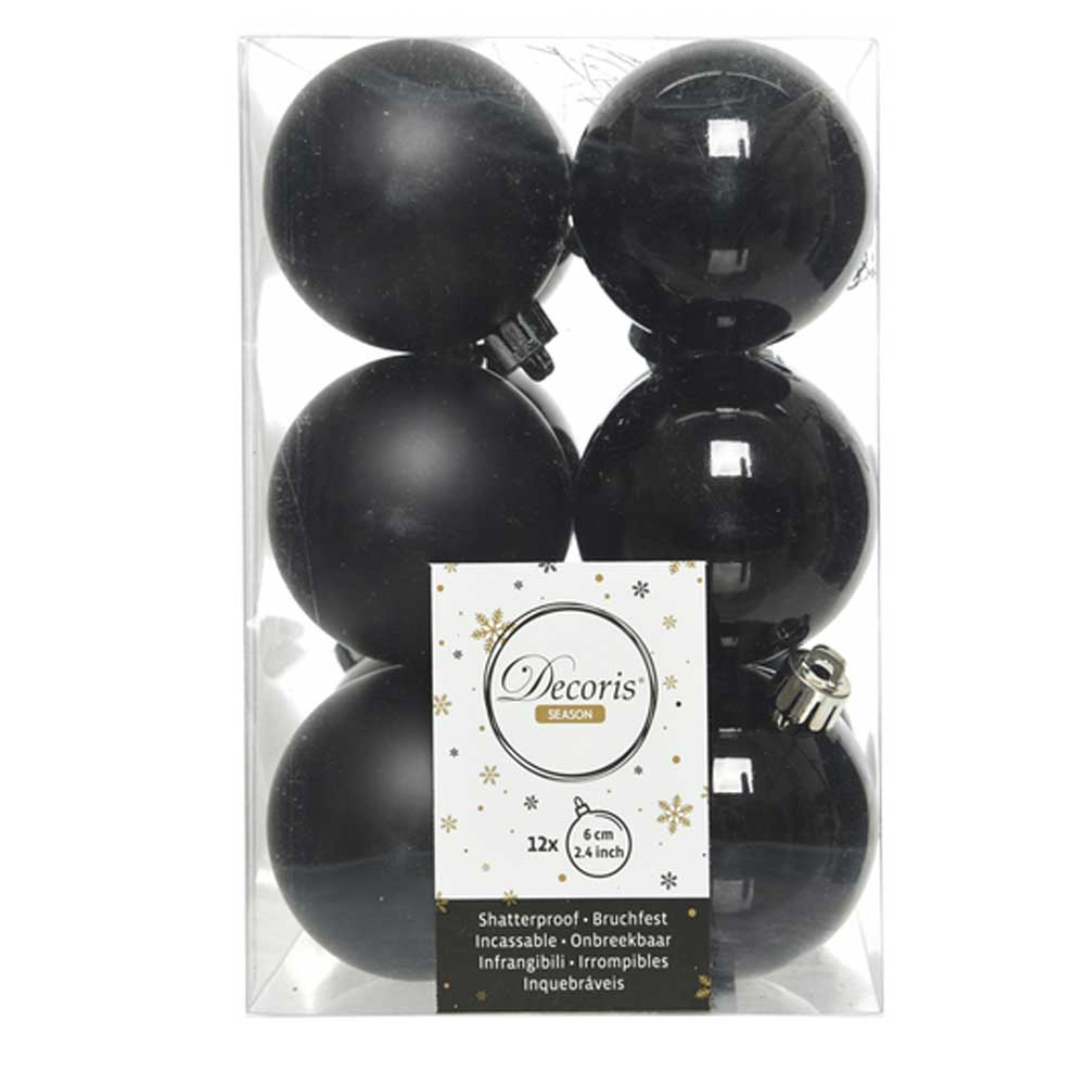 Black Shatterproof Baubles - 6 cm - box of 12 - Christmas.uk