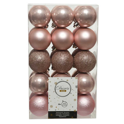 Blush Pink Shatterproof Baubles - 6 cm - box of 30 - Christmas.uk