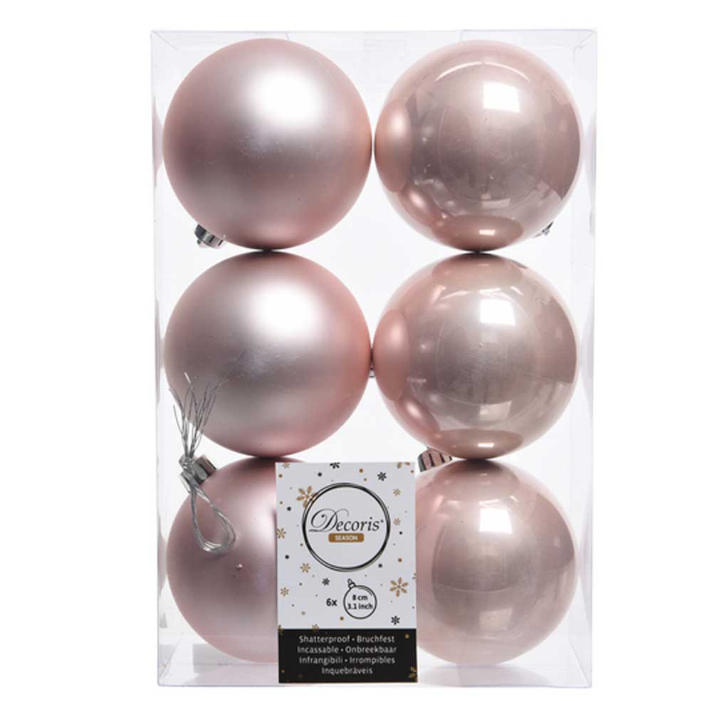 Blush Pink Shatterproof Baubles - 8 cm - box of 6 - Christmas.uk