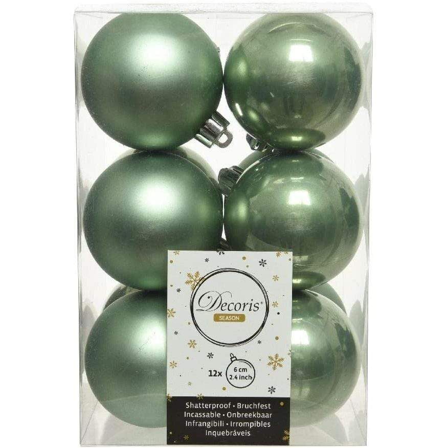 Classic Green Matt & Shiny Baubles - 6 cm, shatterproof, set of 12 - Christmas.uk