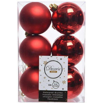 Classic Red Matt & Shiny Baubles - 6 cm, shatterproof, set of 12 - Christmas.uk