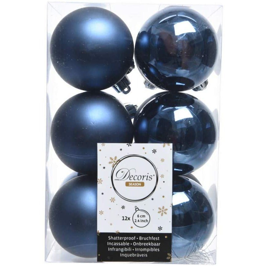 Dark Blue Matt & Shiny Baubles - 6 cm, shatterproof, set of 12 - Christmas.uk