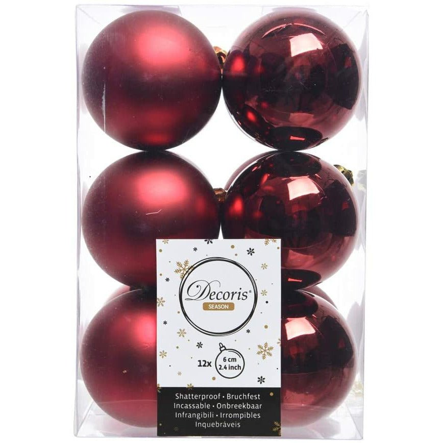 Deep Red Matt & Shiny Baubles - 6 cm, shatterproof, set of 12 - Christmas.uk