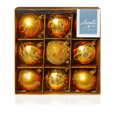 Gold Shatterproof Baubles - set of 9, multi finish Premier Decorations 5050882336136 I Christmas UK Online Shop