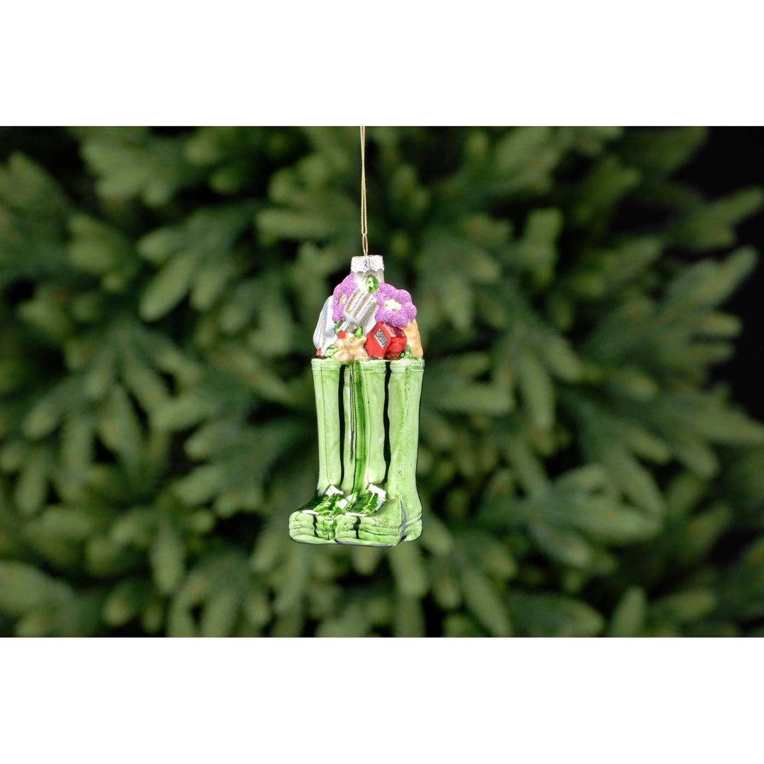 Green with Flowers Glass Wellies Shape - 12cm - Christmas.uk
