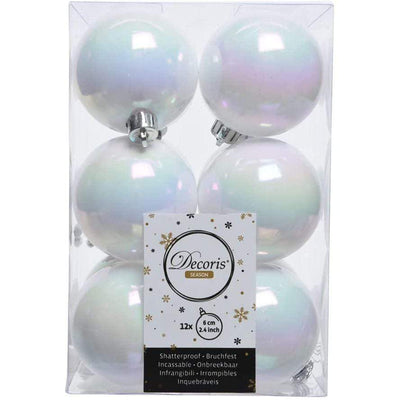 Iridescent White Glossy Baubles - 6 cm, shatterproof,set of 12 - Christmas.uk
