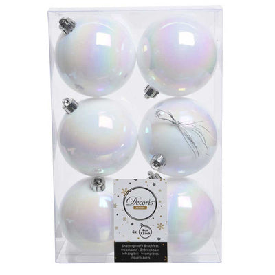 Iris White Shatterproof Baubles - 8 cm - box of 6 - Christmas.uk