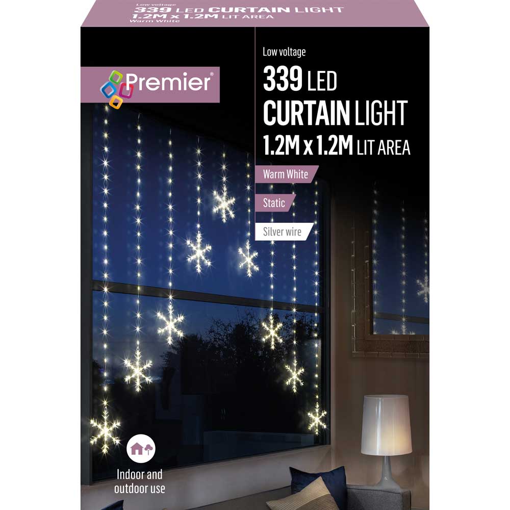 LED Warm White Curtain Lights - 1.2 x 1.2 m Pin Wire V Snowflake - Christmas.uk