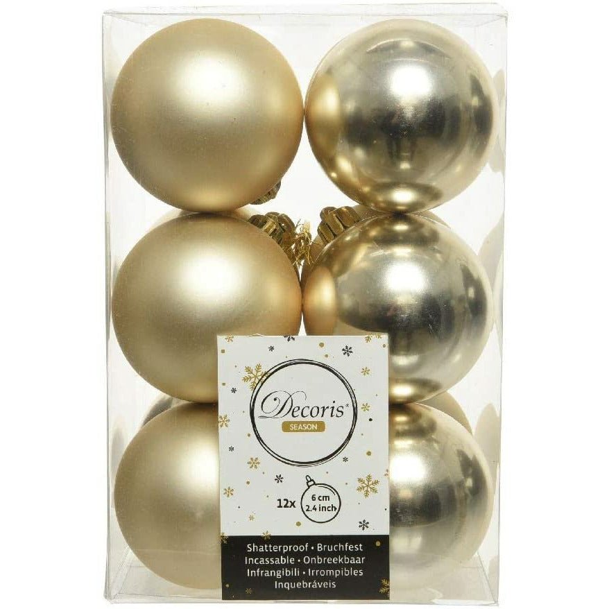 Light Gold Matt & Shiny Baubles - 6 cm, shatterproof, set of 12 - Christmas.uk