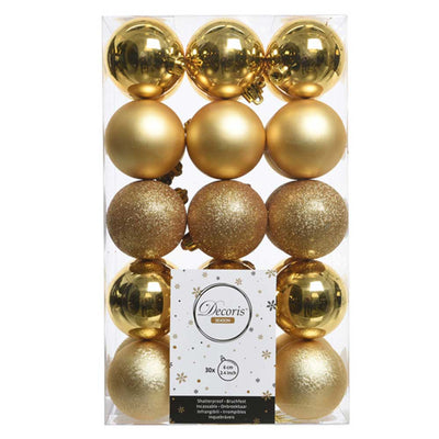 Light Gold Multi Finish Shatterproof Baubles - 6 cm - box of 30 - Christmas.uk