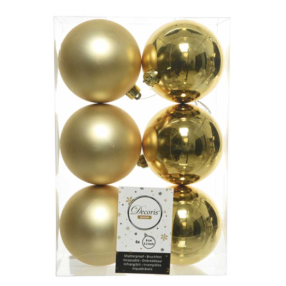 Light Gold Shatterproof Baubles - 8 cm - box of 6 - Christmas.uk