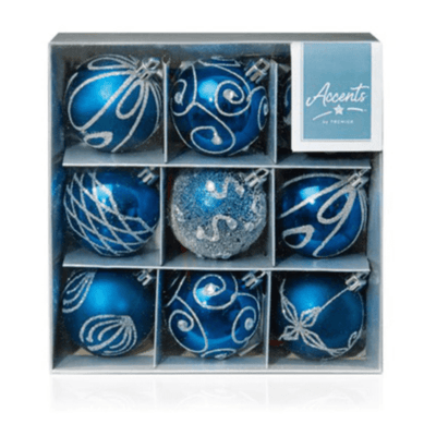 Midnight Blue Shatterproof Baubles - set of 9, multi decorated - Christmas.uk