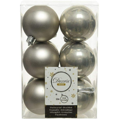 Misty Grey Matt & Shiny Baubles - 6 cm, shatterproof, set of 12 - Christmas.uk