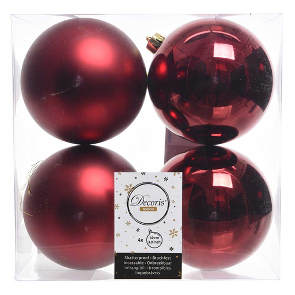 Oxblood Red Shatterproof Baubles - 10 cm - box of 4 - Christmas.uk