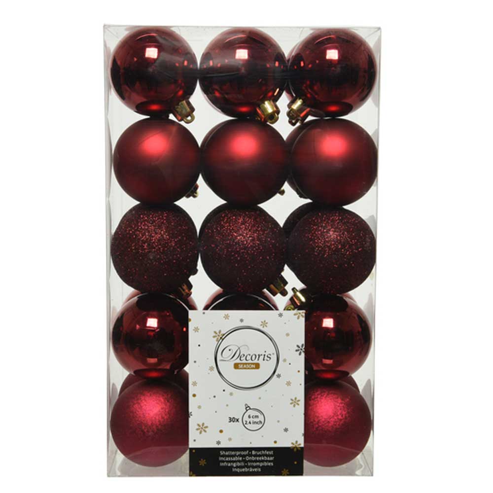 Oxblood Red Shatterproof Baubles - 6 cm - box of 30 - Christmas.uk