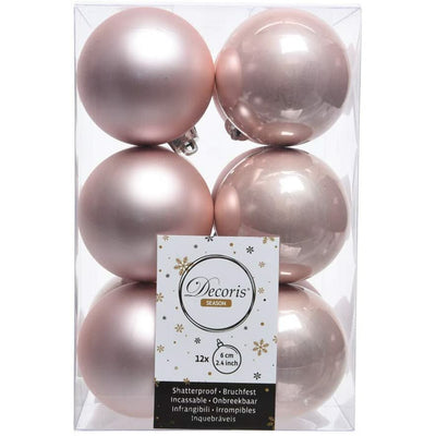 Pearl Pink Matt & Shiny Baubles - 6 cm, shatterproof, set of 12 - Christmas.uk