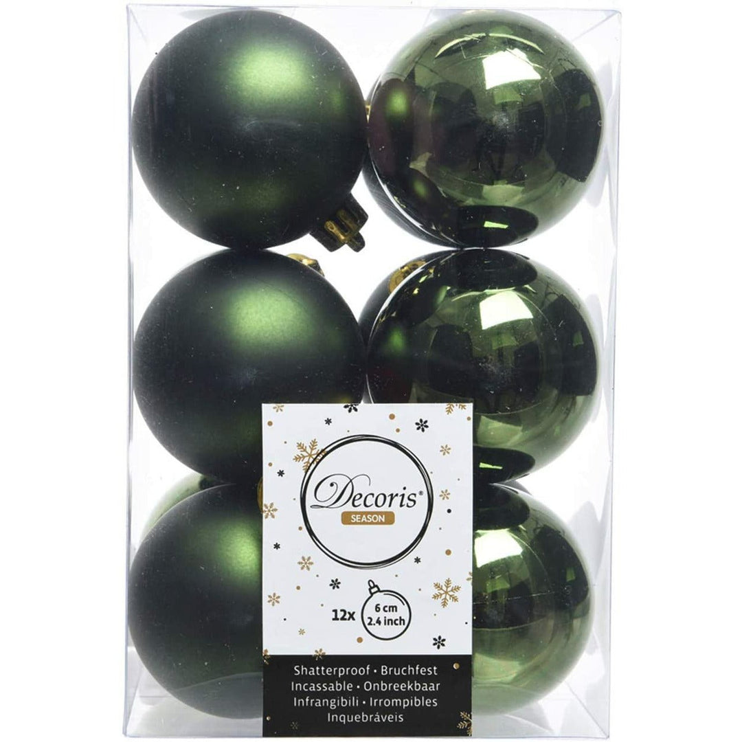 Pine Green Matt & Shiny Baubles - 6 cm, shatterproof, set of 12 - Christmas.uk