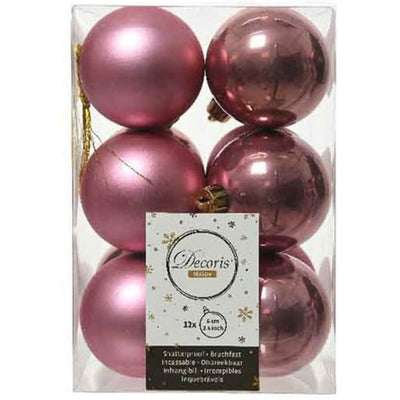 Pink Matt & Shiny Baubles - 6 cm, shatterproof, set of 12 - Christmas.uk