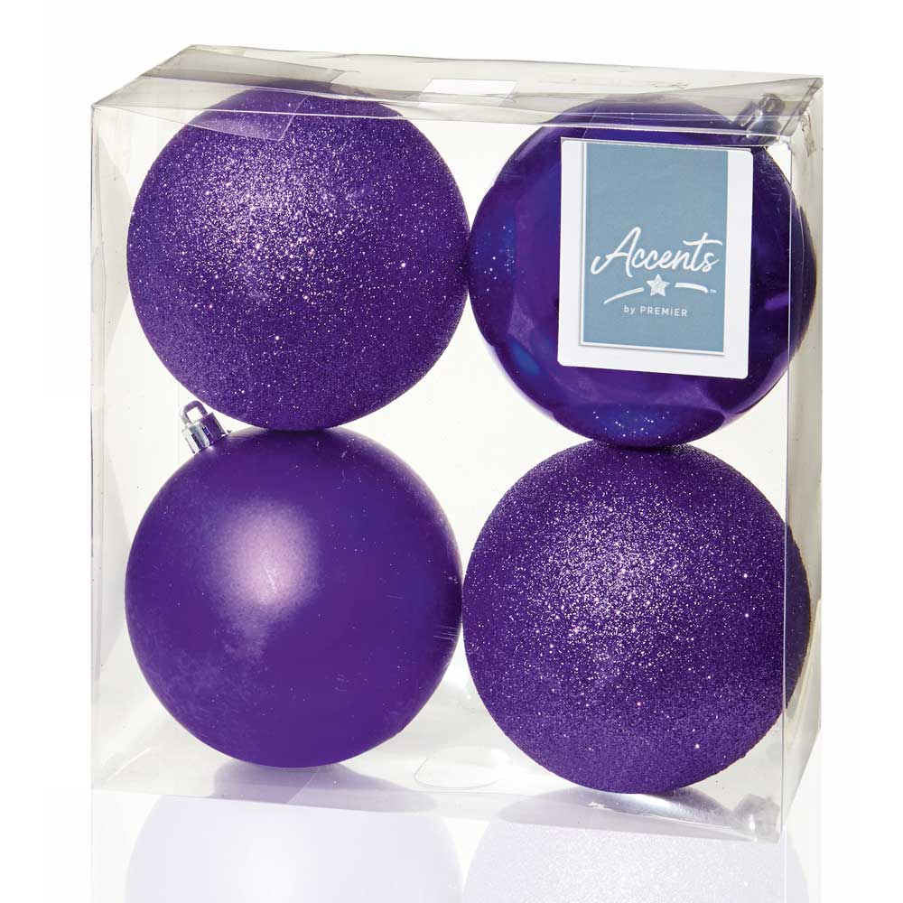 Purple Shatterproof Baubles - 10 cm - set of 4 - Christmas.uk