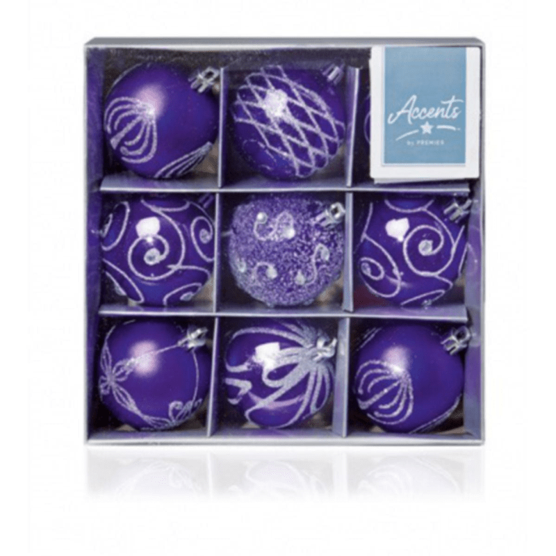 Purple & Silver Glitter Baubles - 6 cm, Set of 9 - Christmas.uk