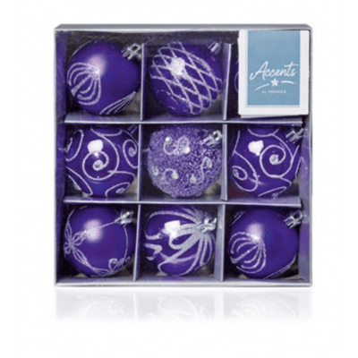 Purple & Silver Glitter Baubles - 6 cm, Set of 9 - Christmas.uk