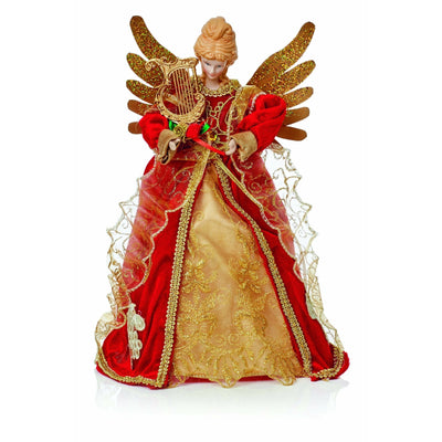 Red & Gold Angel with Harp Christmas Tree Topper - 30cm - Christmas.uk