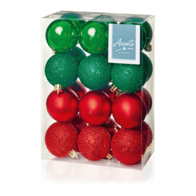Red & Green Christmas Baubles - 6 cm, set of 24 - Christmas.uk