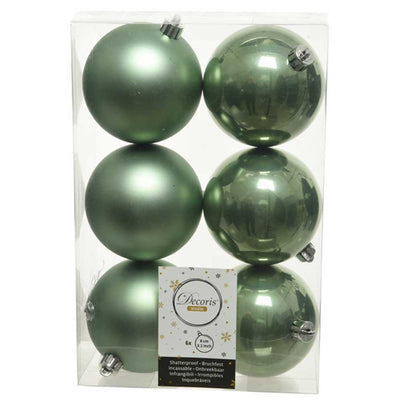 Sage Green Shatterproof Baubles - 8 cm - box of 6 - Christmas.uk