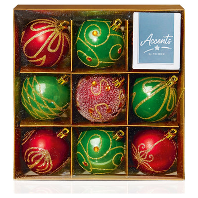 Set of 9 x 6cm Red and Green Baubles - Christmas.uk