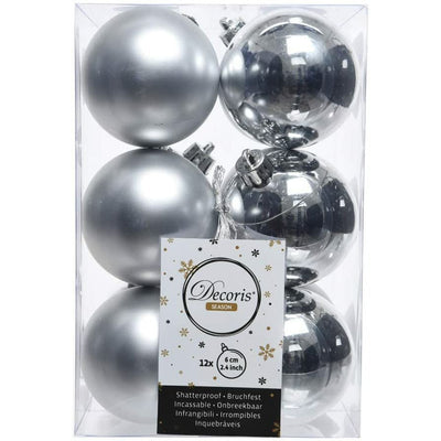 Silver Matt & Shiny Baubles - 6 cm, shatterproof, set of 12 - Christmas.uk