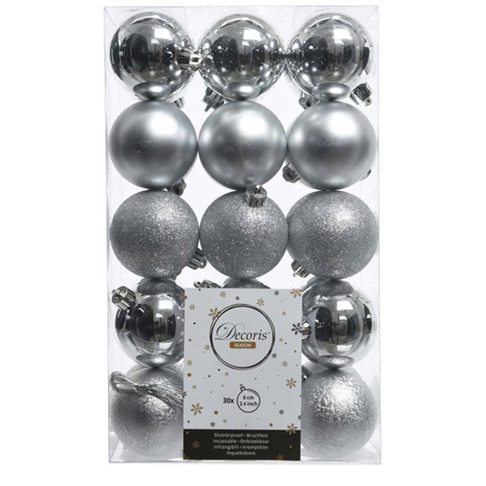 Silver Multi Finish Shatterproof Baubles - 6 cm - box of 30 - Christmas.uk