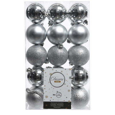Silver Multi Finish Shatterproof Baubles - 6 cm - box of 30 - Christmas.uk